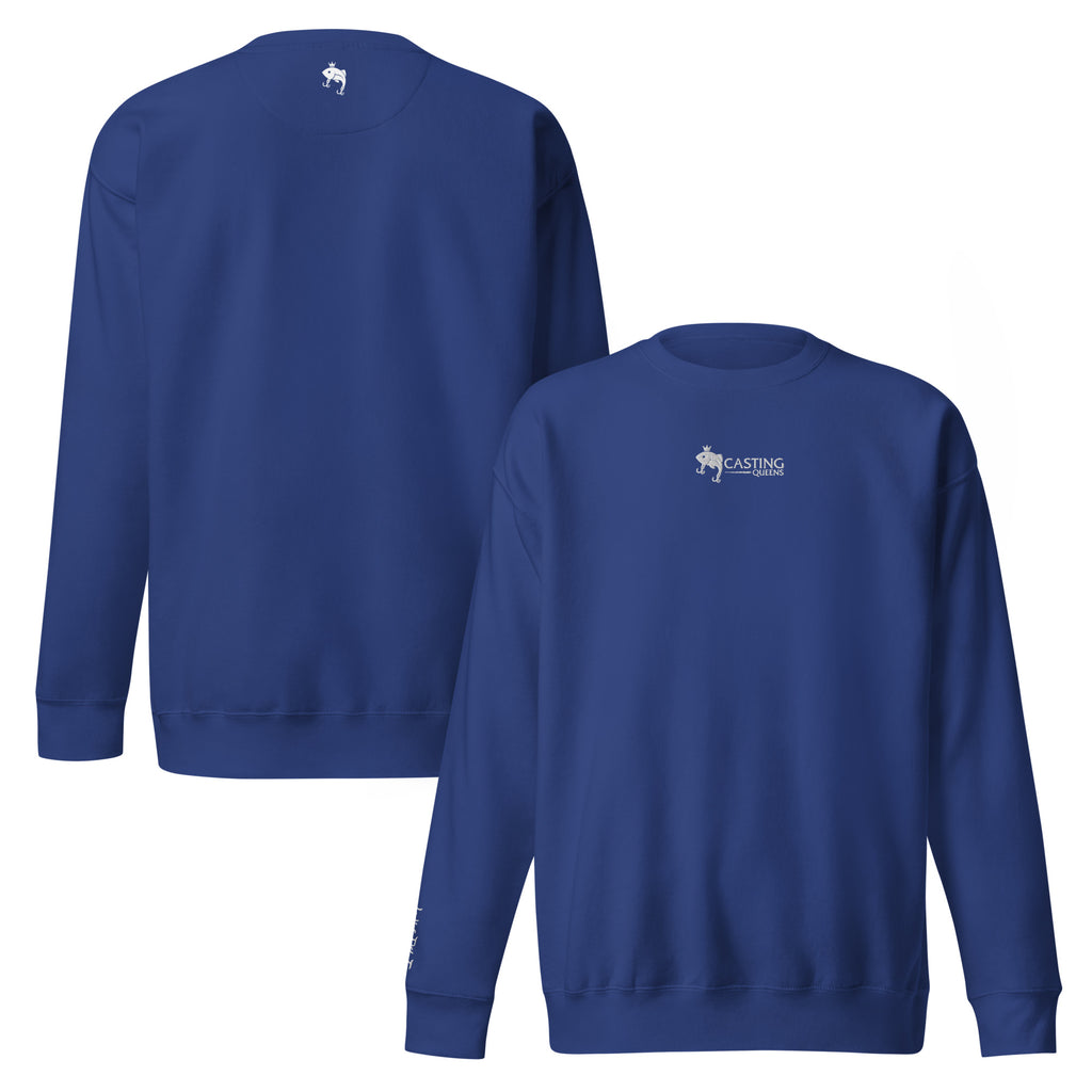 Blue embroidered Casting Queens women’s fishing crewneck sweatshirt featuring minimalist fish logo design, cozy outdoor fishing apparel for women anglers and everyday casual wear.
