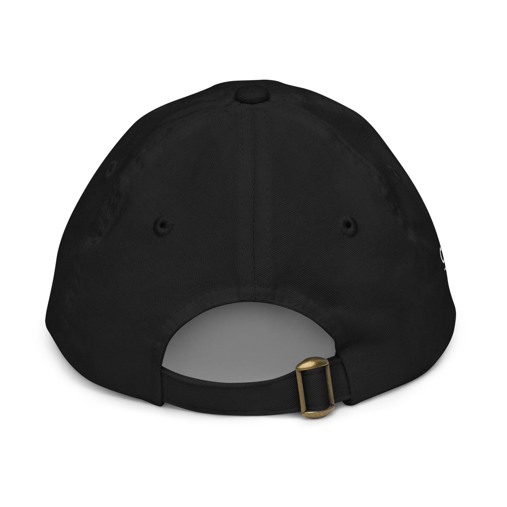 Back view of black youth baseball cap showing adjustable strap closure with brass buckle detail.