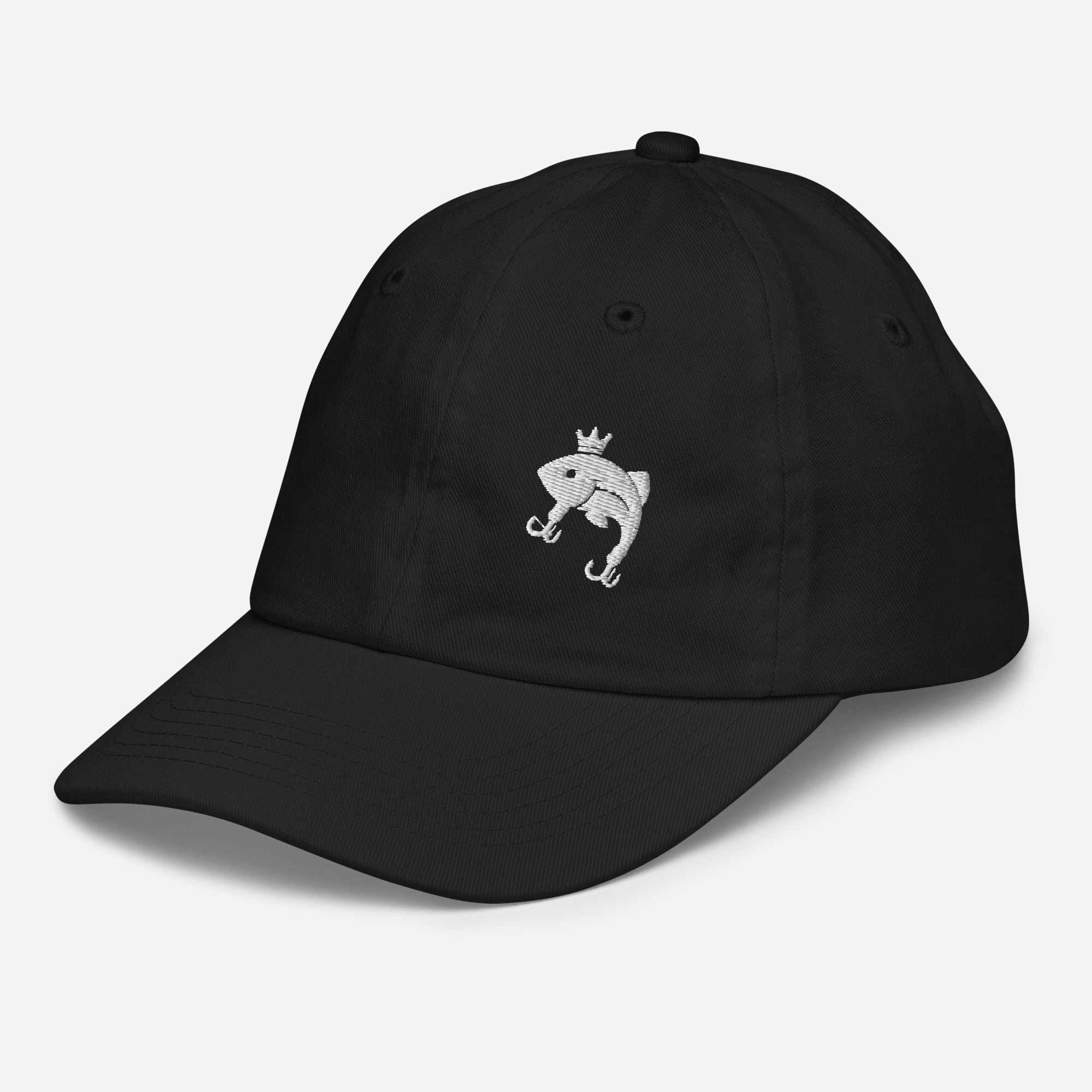 Front angle view of black youth baseball cap featuring embroidered white Casting Queens fish logo.