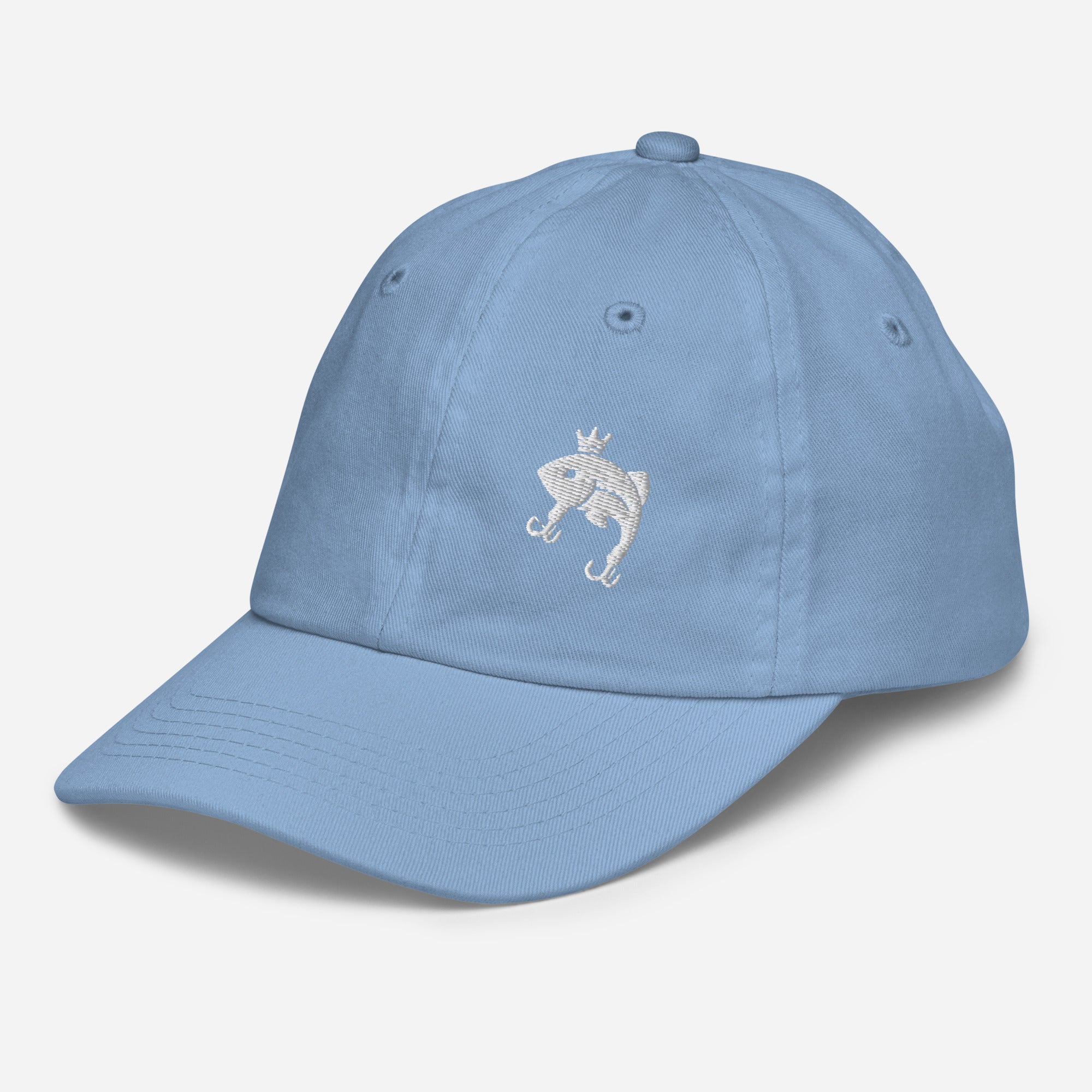 Slate blue youth baseball cap with minimalist embroidered Casting Queens fish logo on the front.
