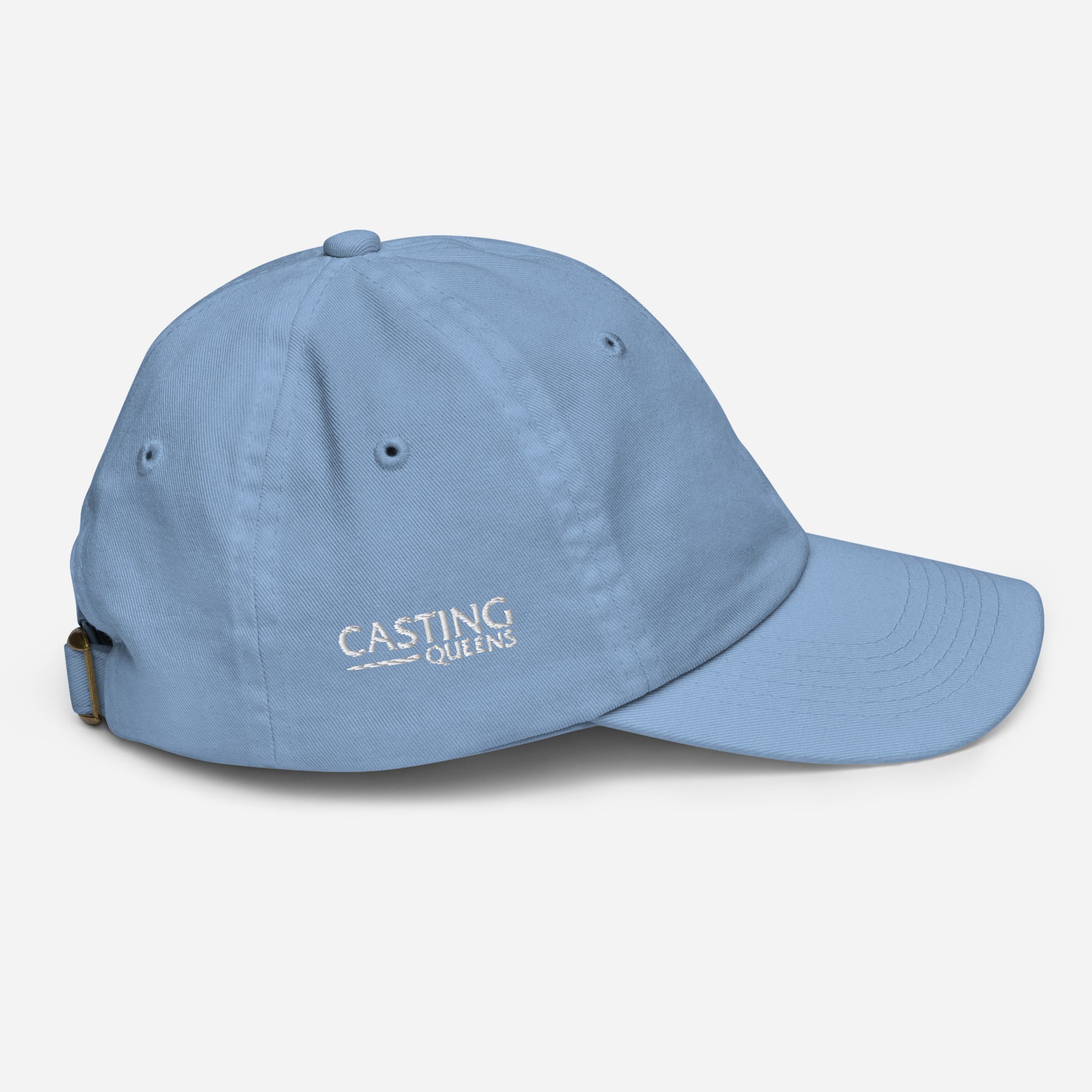 Light blue youth baseball cap featuring a small minimalist Casting Queens embroidered logo on the side.