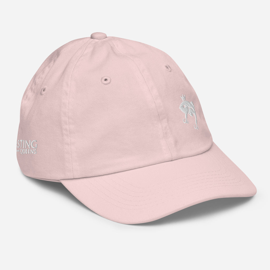 Light pink youth baseball cap with minimalist embroidered Casting Queens fish logo on the front.