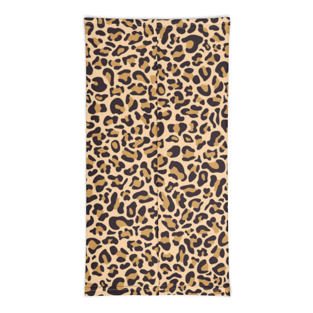 Back angle view of Casting Queens leopard print fishing neck gaiter designed for women’s fishing apparel, featuring breathable fabric and stylish UV sun protection for boating and outdoor adventures.