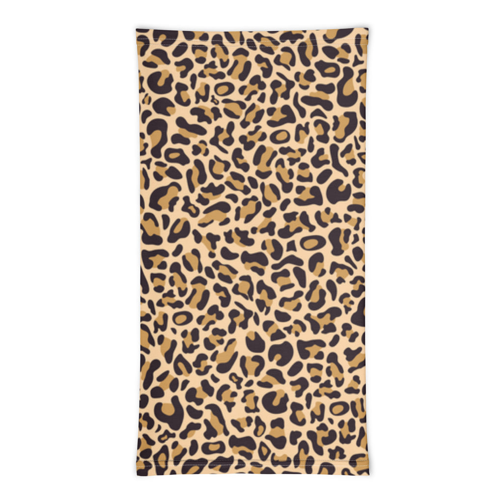 Casting Queens women’s fishing apparel leopard print neck gaiter featuring a trendy tan and black cheetah pattern, lightweight fishing face cover for sun protection, boating, kayaking, and outdoor adventures.