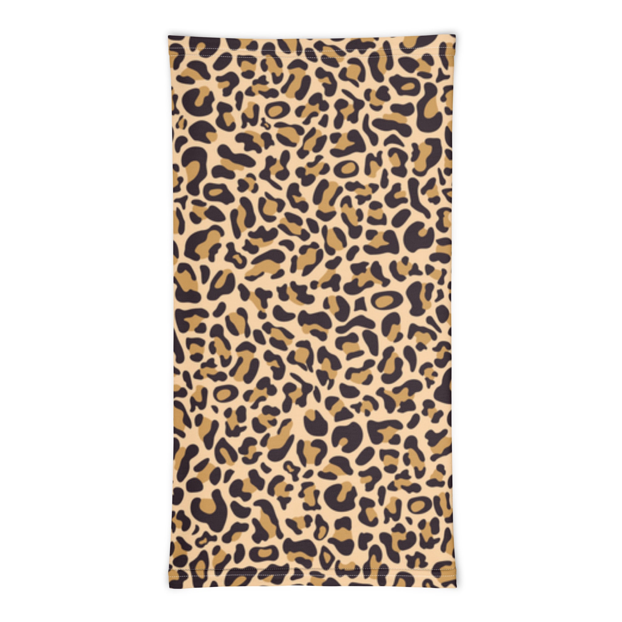 Casting Queens women’s fishing apparel leopard print neck gaiter featuring a trendy tan and black cheetah pattern, lightweight fishing face cover for sun protection, boating, kayaking, and outdoor adventures.