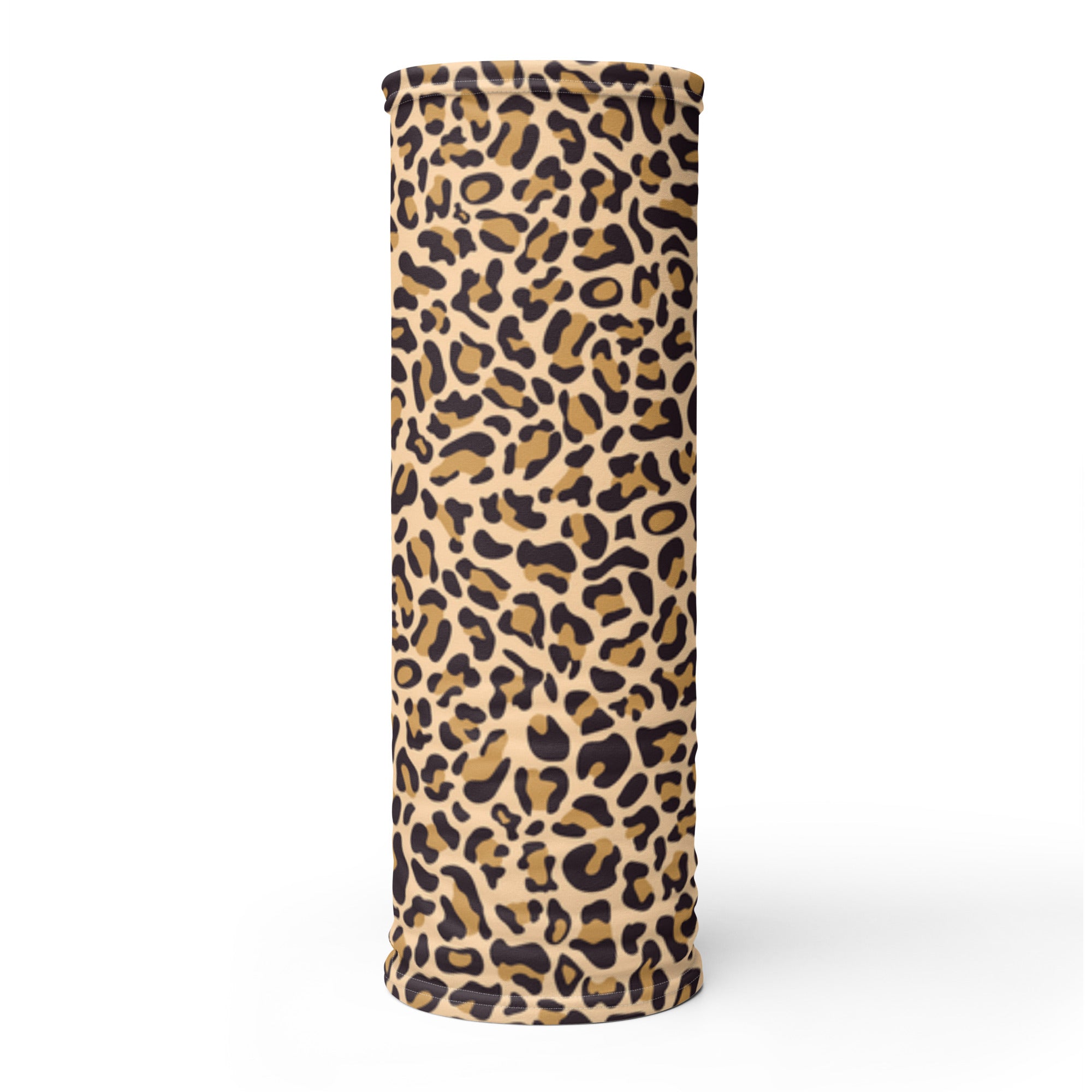 Expanded Casting Queens leopard print fishing neck gaiter displaying full cheetah pattern design, lightweight UV face cover for women anglers, boating, and outdoor fishing apparel.