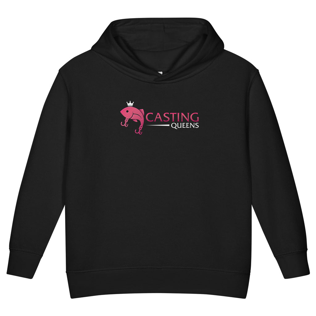 Black Casting Queens toddler fishing hoodie featuring pink fish logo design, comfortable youth outdoor fishing apparel for little anglers and everyday casual wear.
