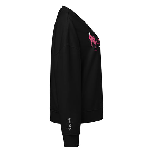 Side view of black Casting Queens women’s fishing sweatshirt featuring pink logo detail and premium outdoor fishing apparel design for women anglers and casual everyday wear.
