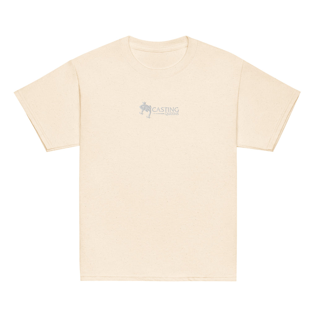 Ivory Casting Queens youth fishing t-shirt featuring embroidered fish logo design, lightweight outdoor fishing apparel for young anglers and everyday casual style.