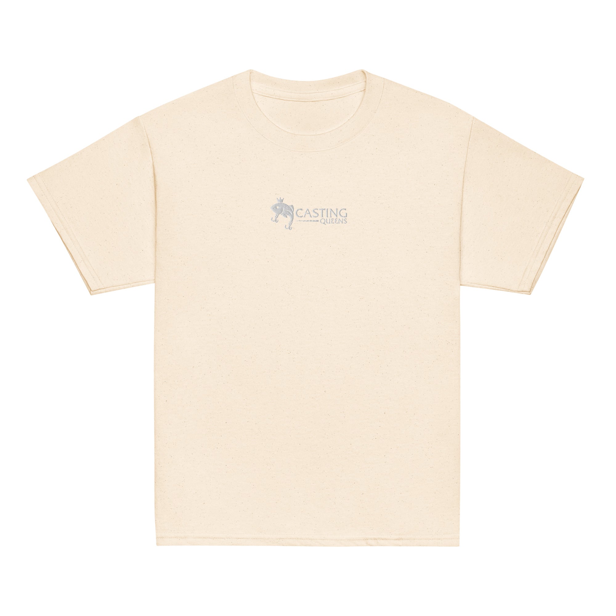 Ivory Casting Queens youth fishing t-shirt featuring embroidered fish logo design, lightweight outdoor fishing apparel for young anglers and everyday casual style.